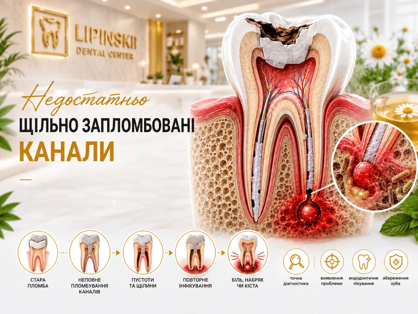 Недостатньо щільно запломбовані канали як причина запалення кореня зуба